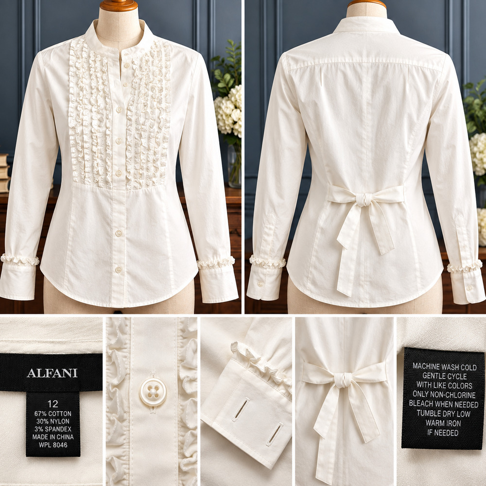 Vintage Alfani Size 12 Ruffle Tuxedo Blouse Cufflink Cuffs Edwardian Coquette